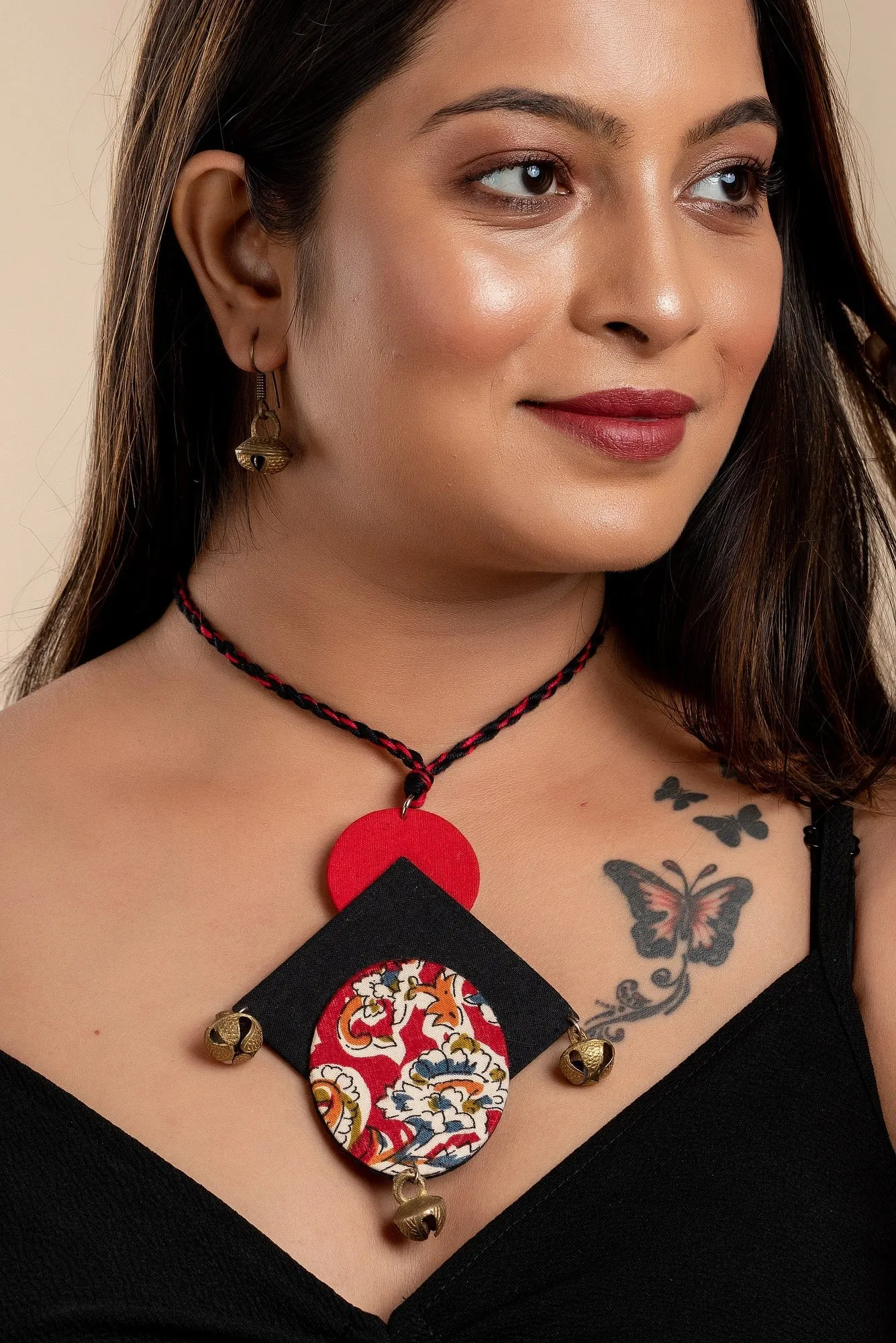 Red Black Kalamkari Neckpiece with Brass Ghungroo - Handcrafted Fabric Jewelry Set for Women