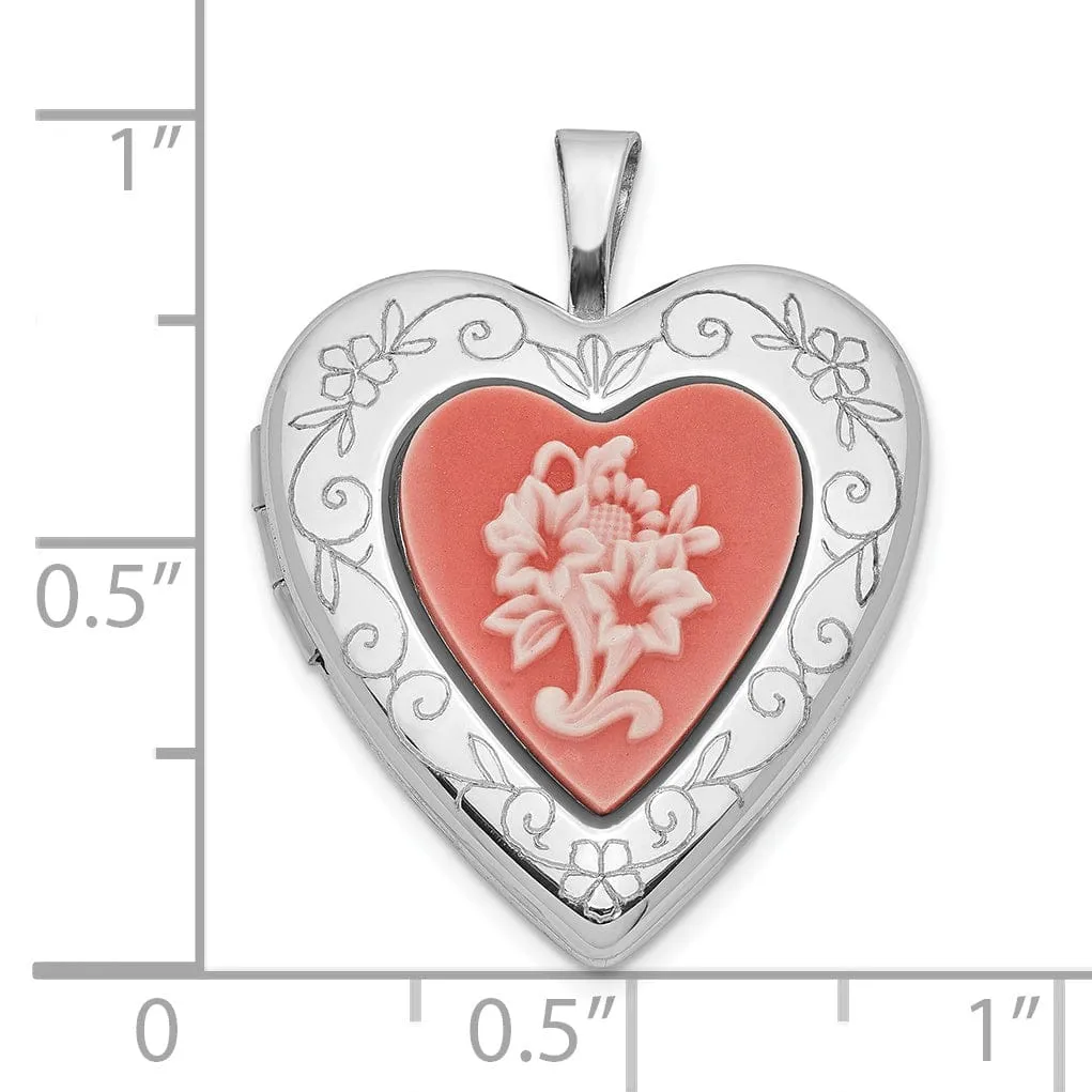 Sterling Silver 20mm Polished Pink Resin Cameo Flower Heart Locket