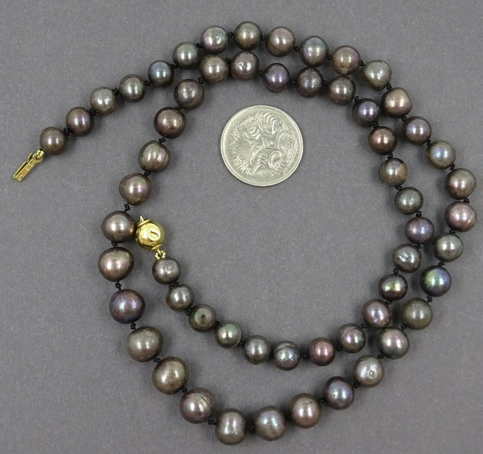 Strand of Black Freshwater PEARLS of Good Lustre with 9ct Yellow Gold Ball Clasp