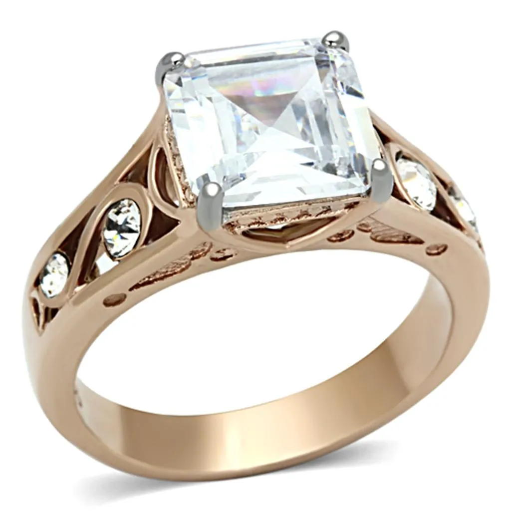 Two-Tone IP Rose Gold Stainless Steel Ring with AAA Grade CZ in Clear for Women Style TK1059