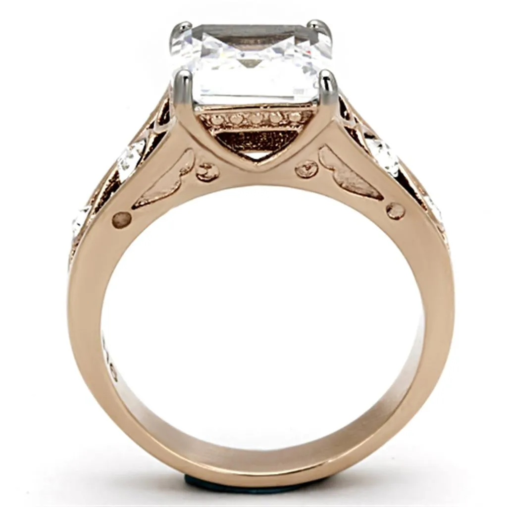 Two-Tone IP Rose Gold Stainless Steel Ring with AAA Grade CZ in Clear for Women Style TK1059