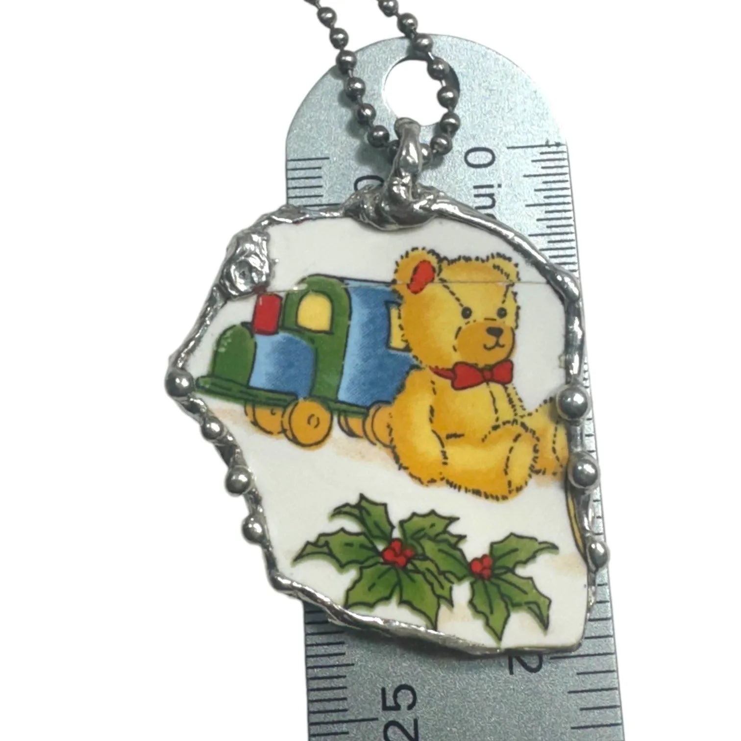 Vintage Broken China Teddy Bear with  Christmas Presents  & Holly Pendant