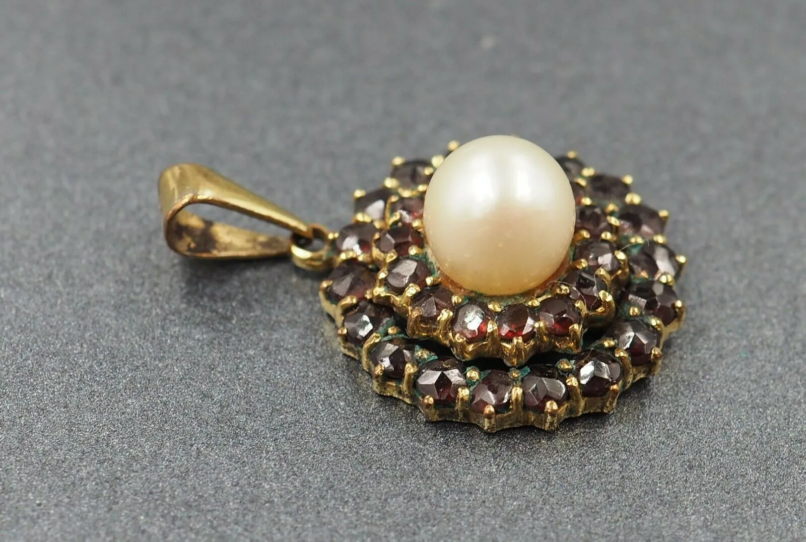 Vintage Cultured Pearl & Garnet Pendant with Rolled Gold