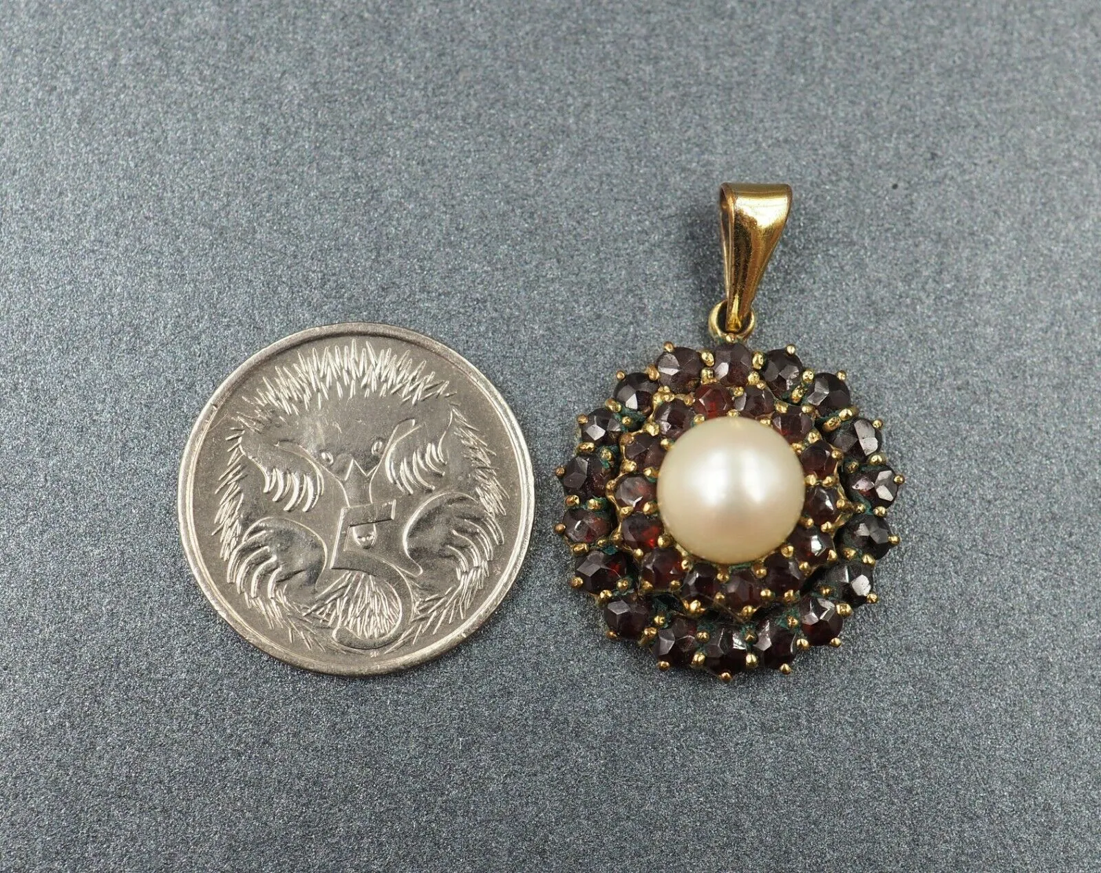 Vintage Cultured Pearl & Garnet Pendant with Rolled Gold