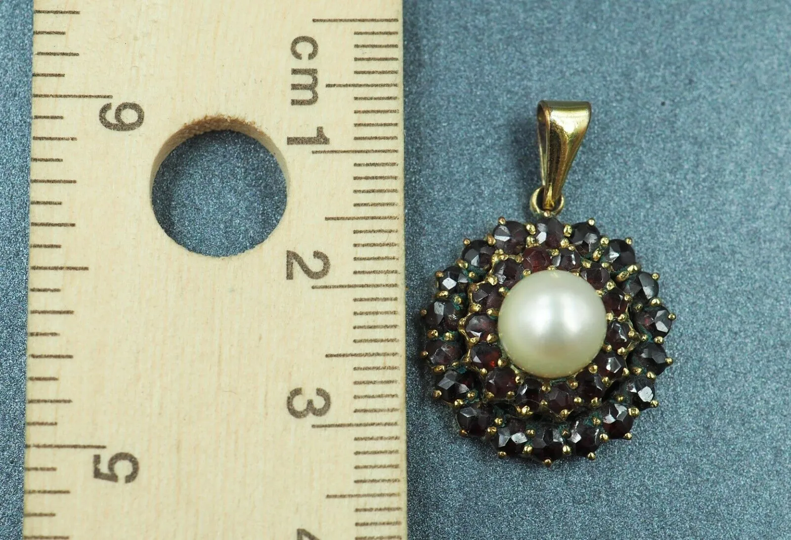 Vintage Cultured Pearl & Garnet Pendant with Rolled Gold