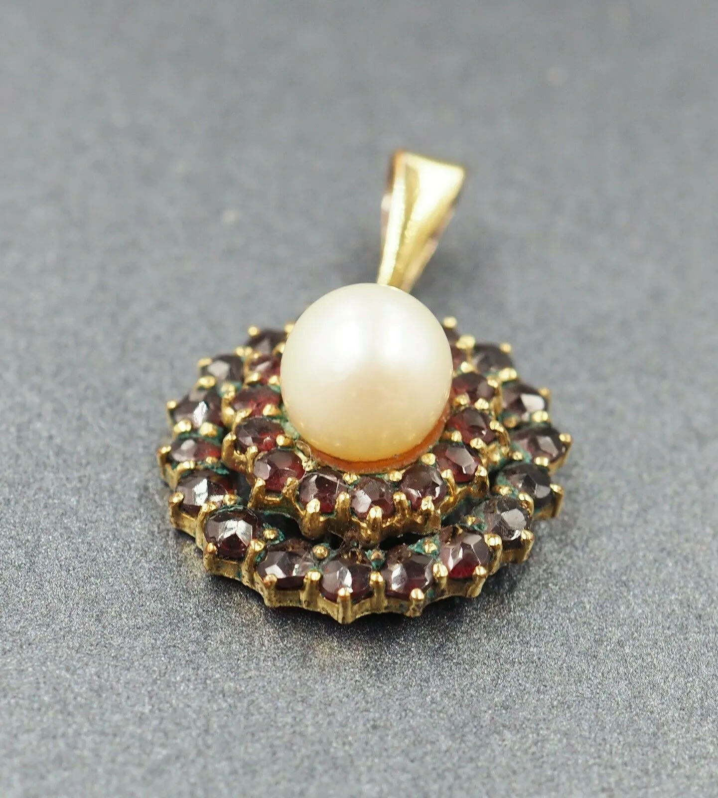 Vintage Cultured Pearl & Garnet Pendant with Rolled Gold