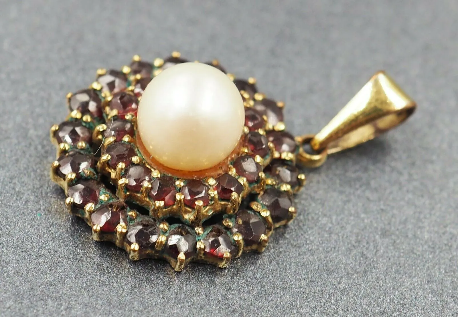 Vintage Cultured Pearl & Garnet Pendant with Rolled Gold