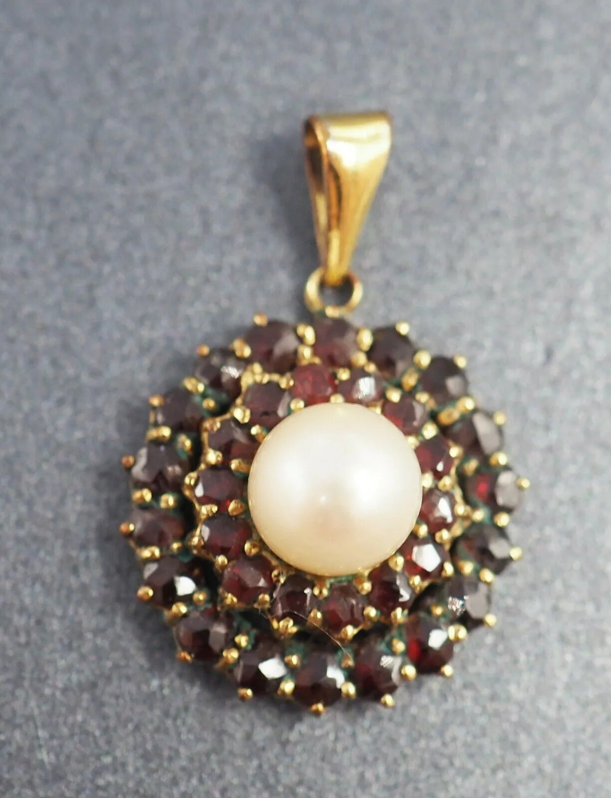 Vintage Cultured Pearl & Garnet Pendant with Rolled Gold