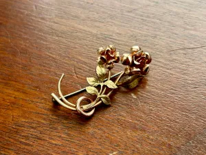 Vintage Signed Krementz Tri Tone Rose Yellow Gold Tone Rose Bouquet Brooch Pin