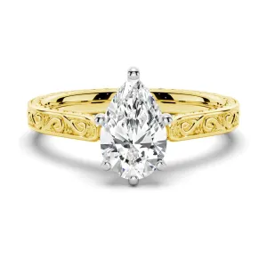 Vintage Two-Tone Pear Shaped Moissanite Engagement Ring With Milgrain Edges