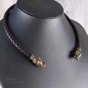 Wolf Torc Necklace Bronze Brown Leather Norse Viking Style