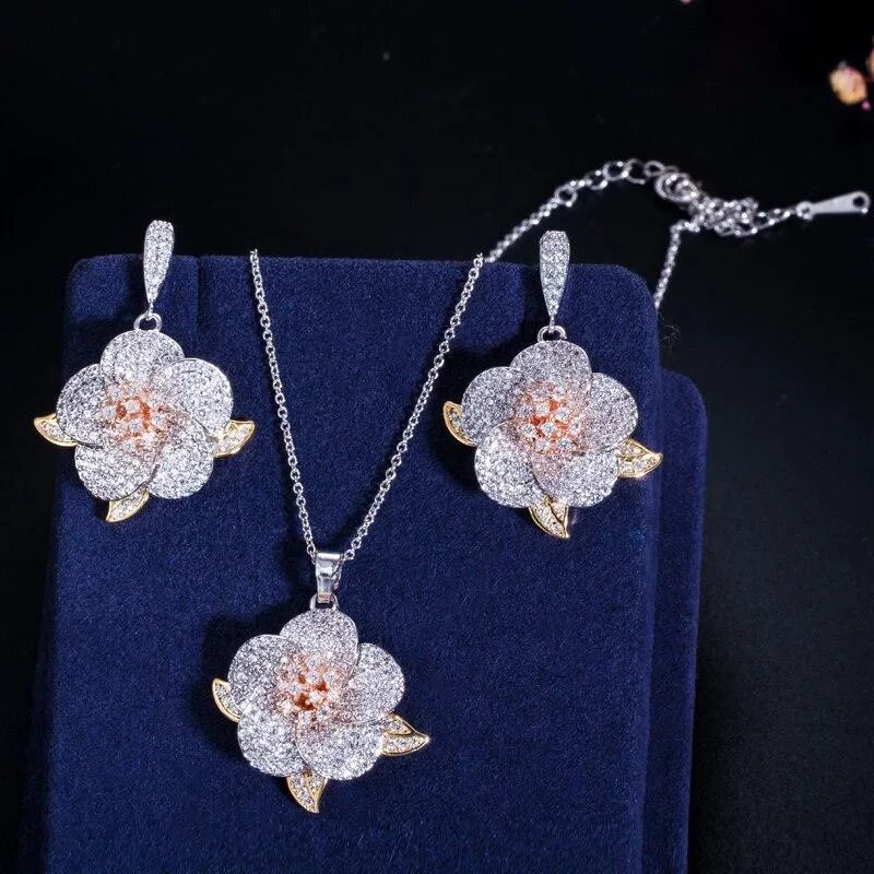 Women 3 Tone Rose Gold Micro Pave Cubic Zirconia Flower Pendant Necklace and Earrings Set