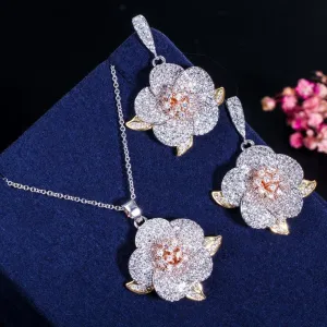 Women 3 Tone Rose Gold Micro Pave Cubic Zirconia Flower Pendant Necklace and Earrings Set